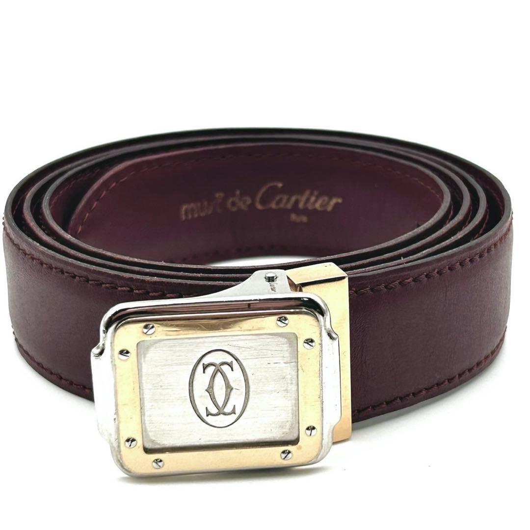 【美品】カルティエ ロゴ バックル ベルト ボルドー レザー