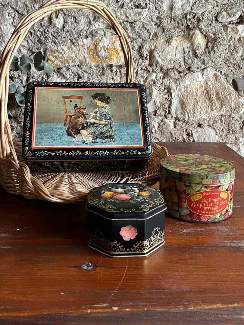 ◆フランス雑貨｜ティン缶セットブリキ缶お菓子箱ケースサビあり花柄キャンディー