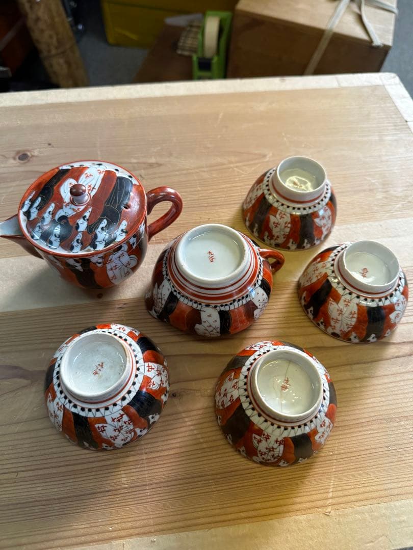 九谷焼6点セート，茶具，茶器，古九谷，百壽老人，赤繪，骨董，インテリア，九谷焼，