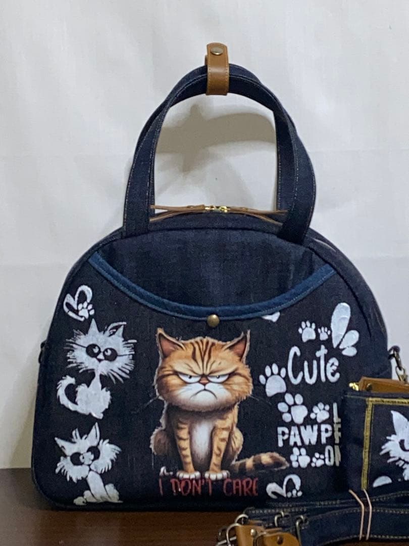 歳末セール☆岡山デニム☆トラ猫☆ステンシル☆扇型☆4wayボストンバッグ