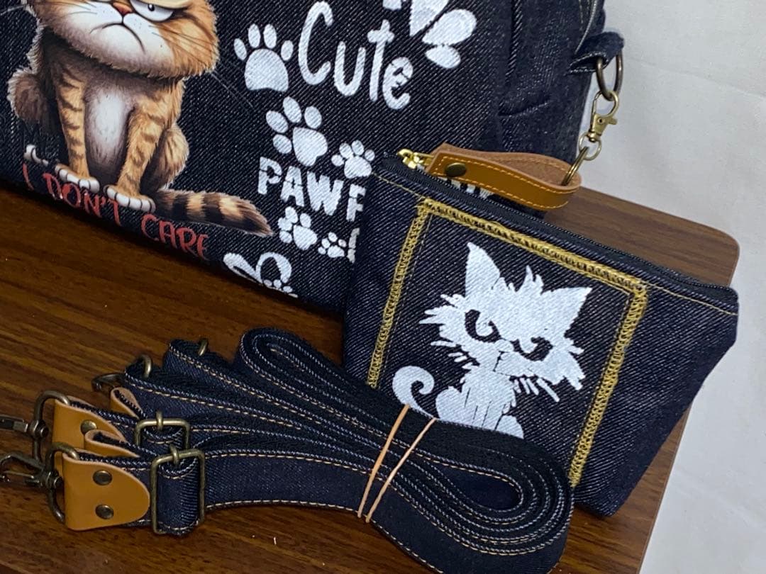 歳末セール☆岡山デニム☆トラ猫☆ステンシル☆扇型☆4wayボストンバッグ