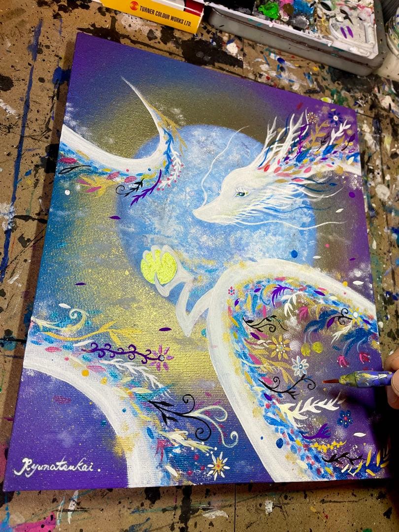 癒しの花龍 開運絵画 ヒーリングアート アクリル画 龍ノツカイ