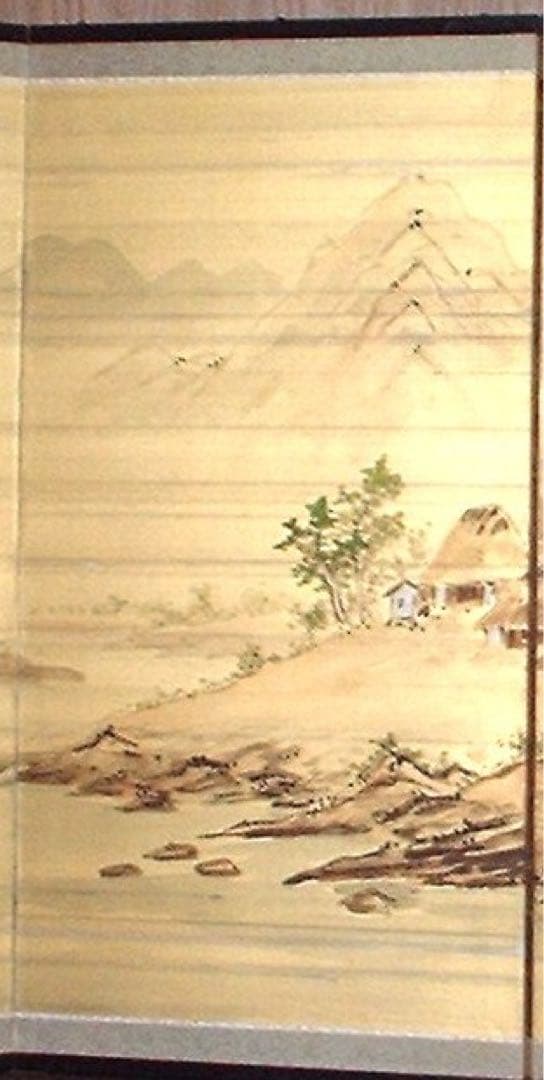 四つ折り屏風　日本画　絹本彩色　山水