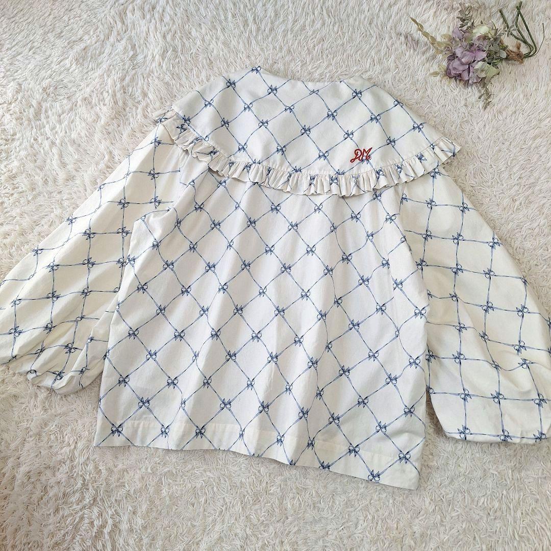 ダムソンマダー　ビッグカラーブラウス　ボリュームスリーブ　XL 相当　リボン柄