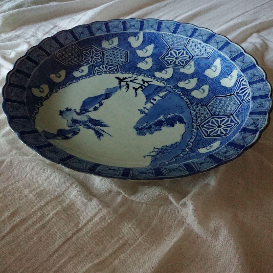 江戸 ふっくら千鳥 骨董 古伊万里 染付 大皿 輪花 アンティーク 皿 /印判