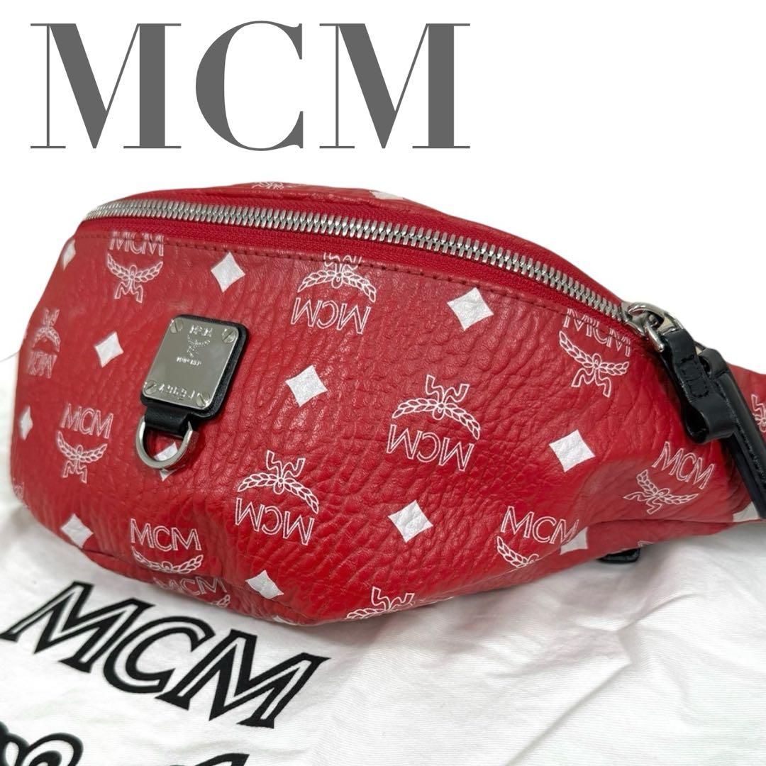 エムシーエム　ウエストポーチ　ボディバッグ　レッド　斜め掛け　2way　総柄