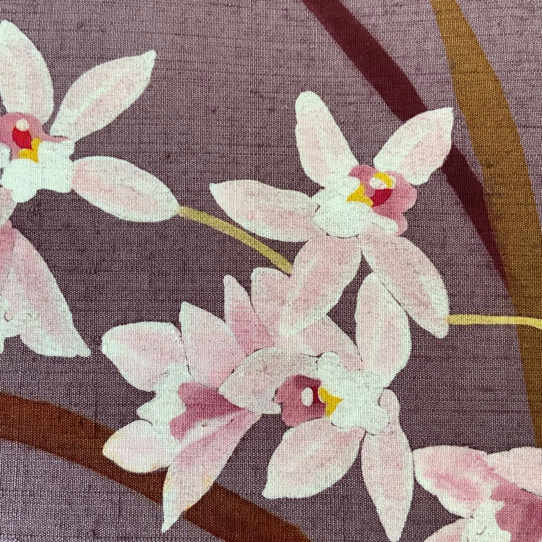 A4サイズ対応　紬　蘭のお花　リメイク　リネンコードハンドルバッグ