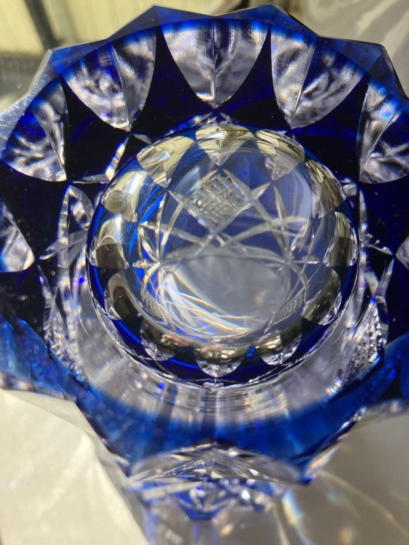 昭和レトロ◆江戸切子◆花器 花瓶◆昭和後期◆青被せ カットガラス