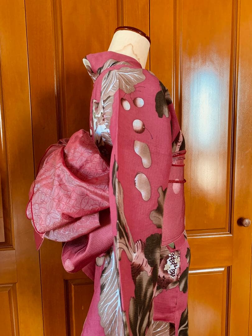 京都きもの町　浅蘇芳色野菜の浴衣と源氏物語のリバーシブル半幅帯と兵児帯と帯締め