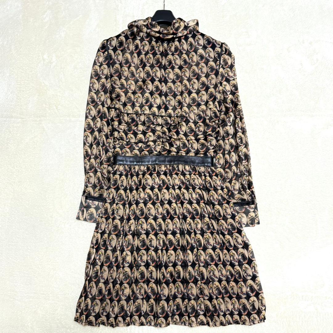美品 ドルチェアンドガッバーナ ボウタイ シルク ワンピース ラムレザー 総柄
