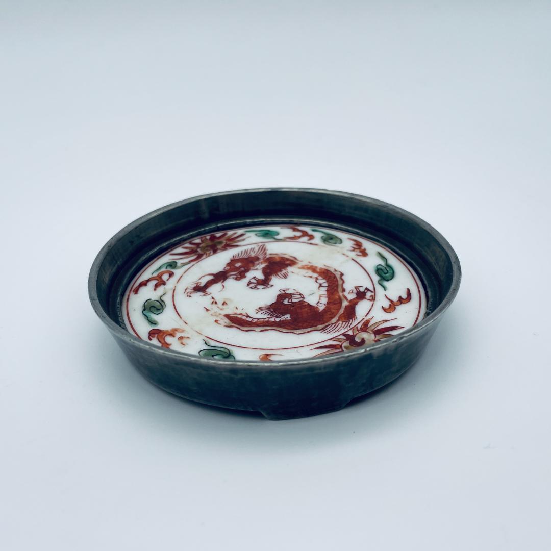 【明】五彩 龍紋包錫 茶托 共仕覆 景徳鎮 中国美術 中国古玩