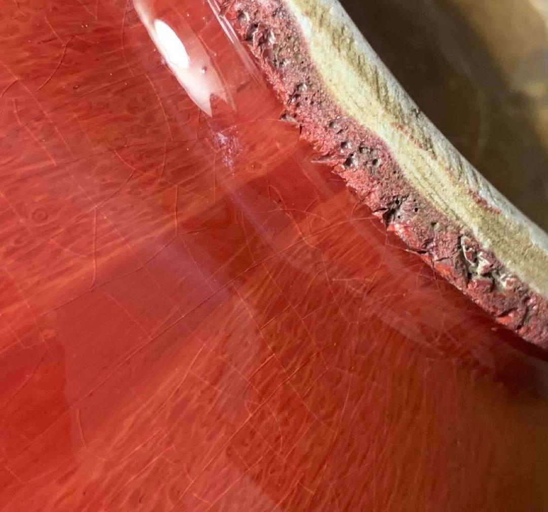 中国 紅釉羊耳付壺　f2250914