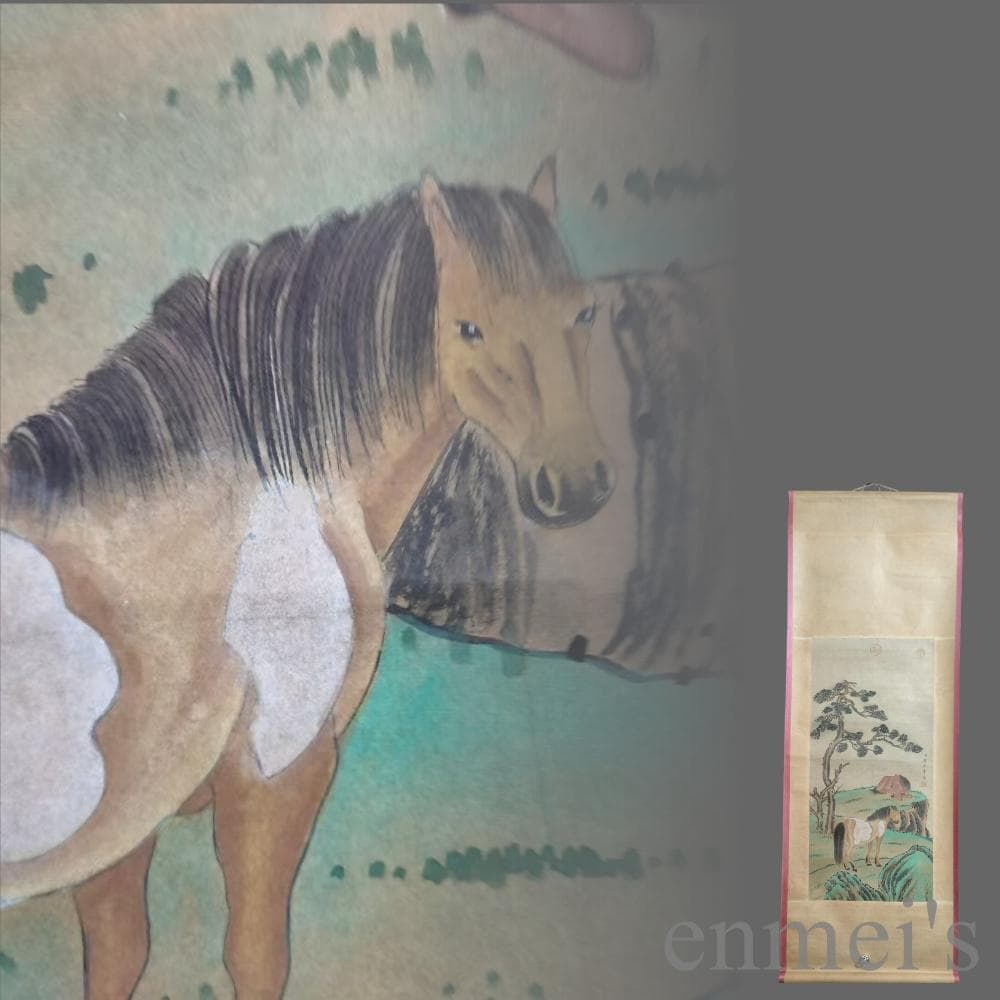 中国古美術.清時代.郎世寧款.駿馬図.宣紙画.三尺手描き.掛け軸.絵画.文房置物