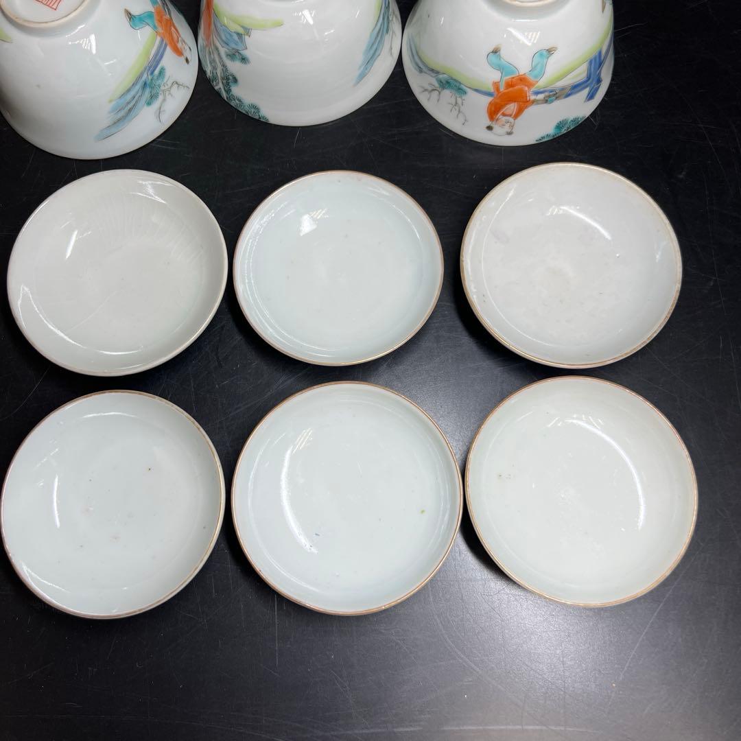 中国清時代　粉彩人物画蓋茶碗6客　木箱付　東Y8-0206☆2Fトコサ