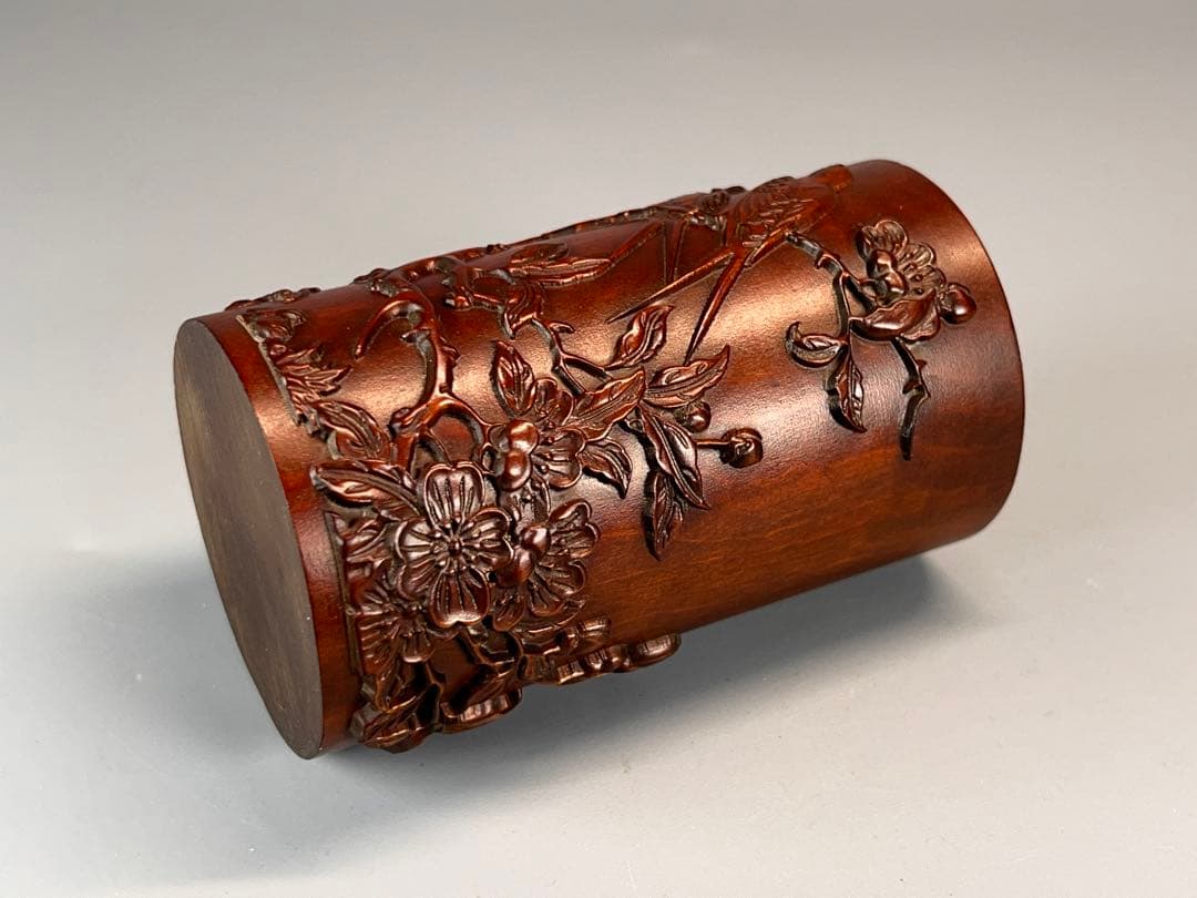 中国古美術 唐物 木製 黄楊木 一刀彫 筆立 筆筒 浮彫 文房具 極美品 旧蔵