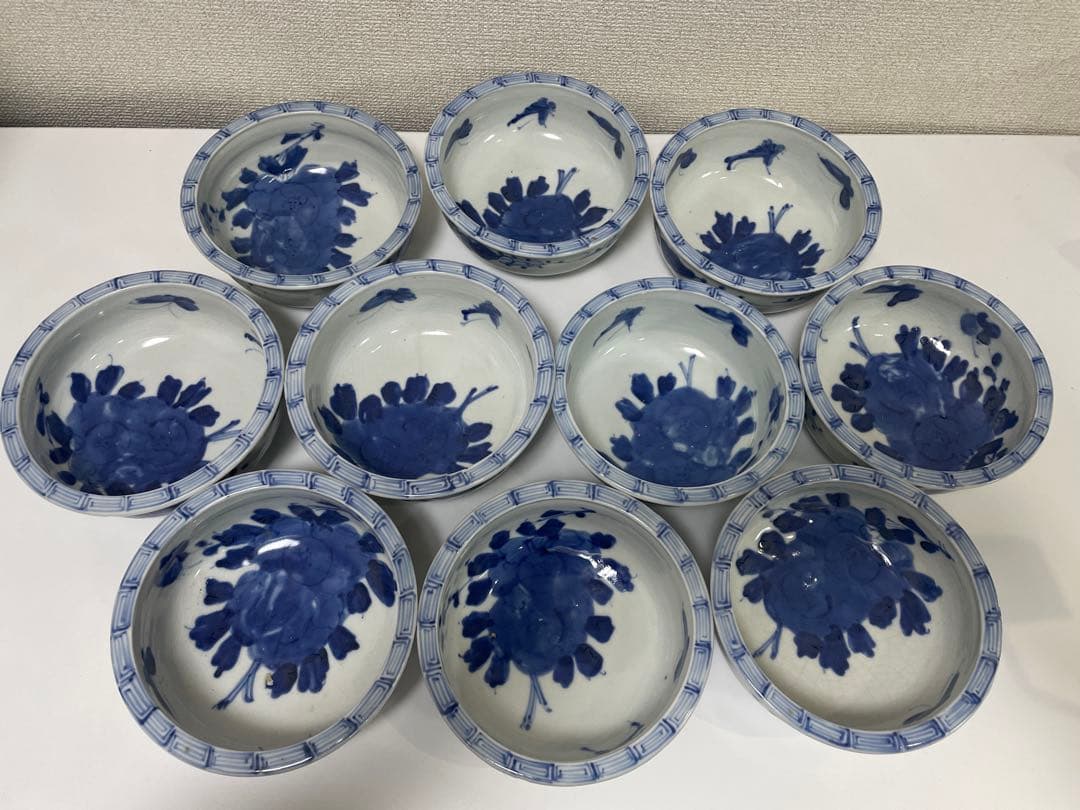【現状品】古伊万里 染付 花蝶柄 菓子鉢10個セット アンティーク レトロ 陶器
