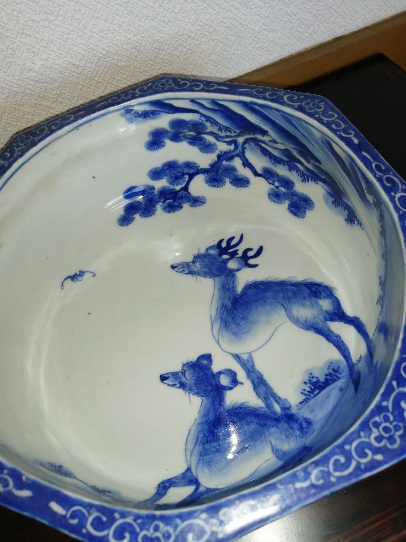 ⑰古伊万里染付八角の鉢　鹿とコウモリの図　美品