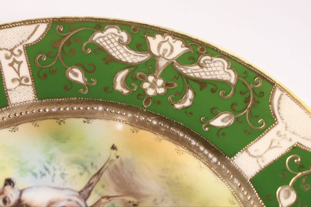 【CM298】オールドノリタケ 鹿 皿 プレート 金彩 盛上 緑 グリーン 明治