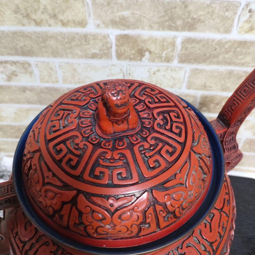 【希少】中国 堆朱 三足香炉 大香炉 香道具 獅子 細密彫刻 饕餮古獣紋32cm