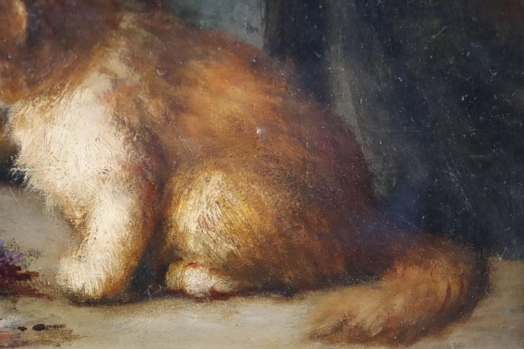 真作保証 19世紀 古画 「3匹の猫」 油彩4号 希少な動物画