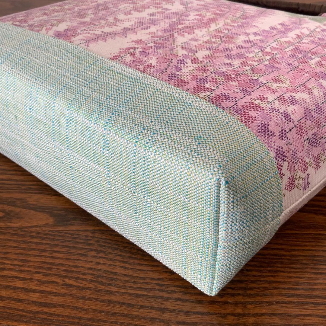 大島紬　満開の藤の花　リメイク　胡桃皮ハンドルバッグ