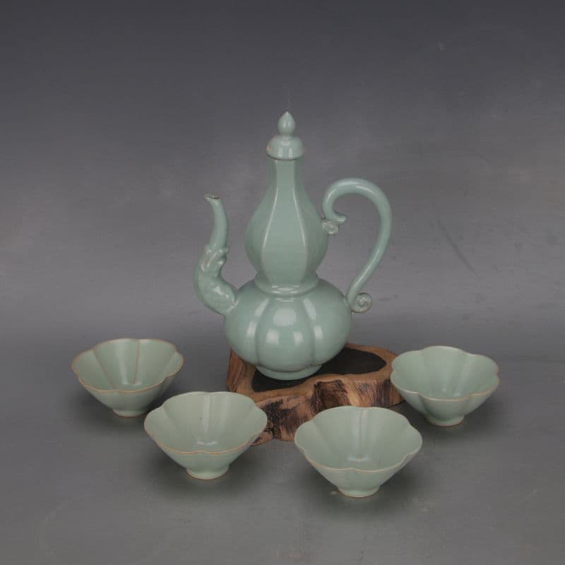 未使用品 宋汝窯青釉竜紋六方瓜稜瓢簞紋長柄執壺套組 工芸品 美術品 置物