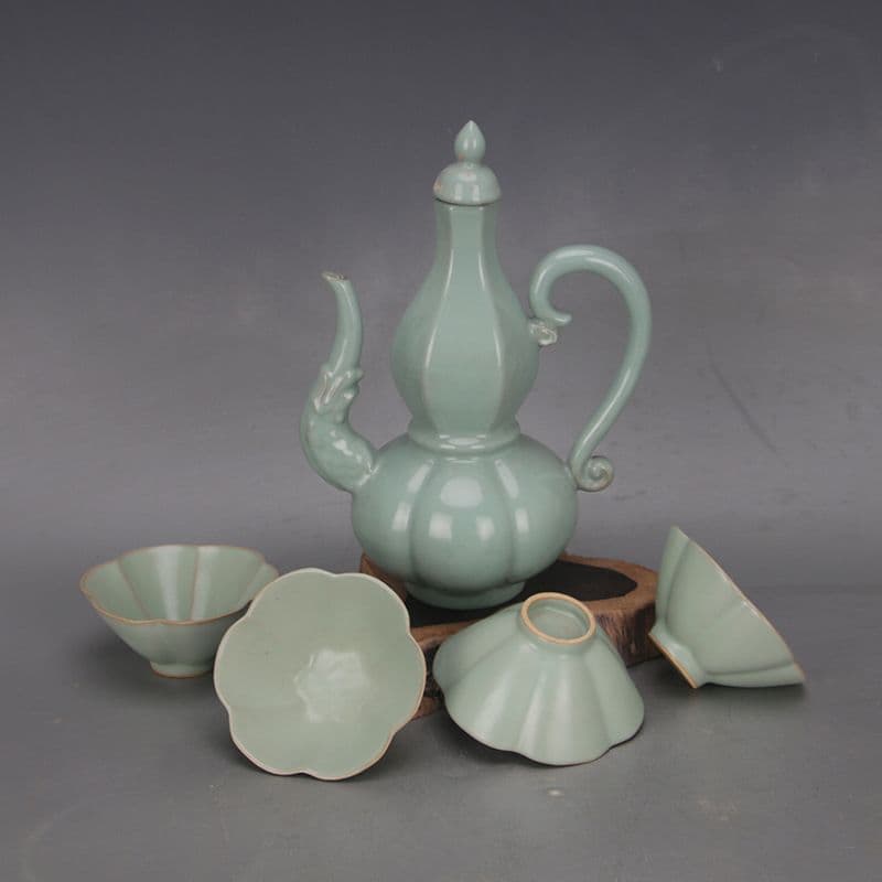 未使用品 宋汝窯青釉竜紋六方瓜稜瓢簞紋長柄執壺套組 工芸品 美術品 置物