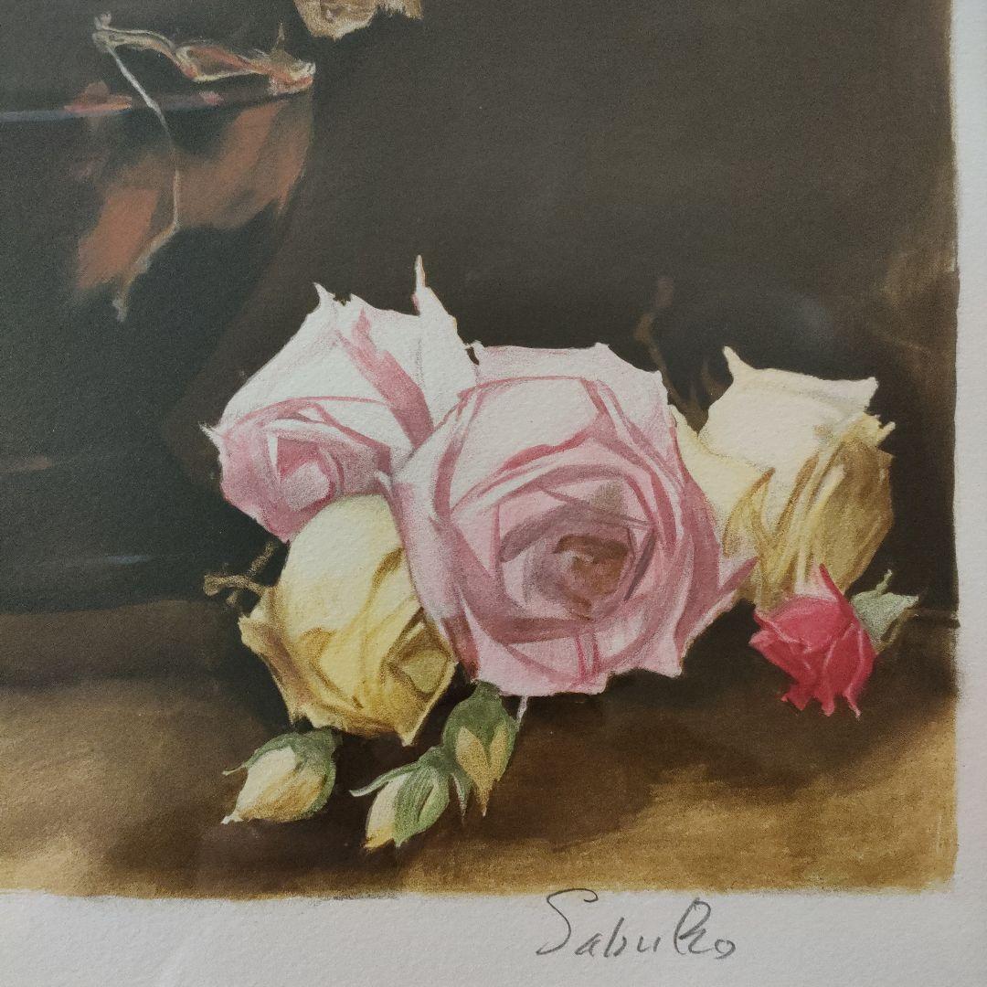 斎藤三郎　大判リトグラフ『薔薇』直筆サイン入、ウコン布&共箱付