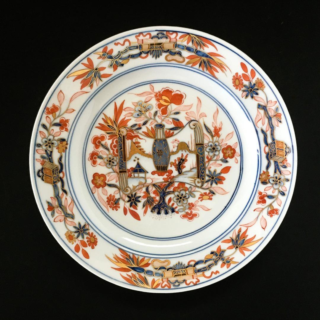 古マイセン 金彩 古伊万里写し 赤絵金襴手花壷紋  絵皿 直径 24.3cm