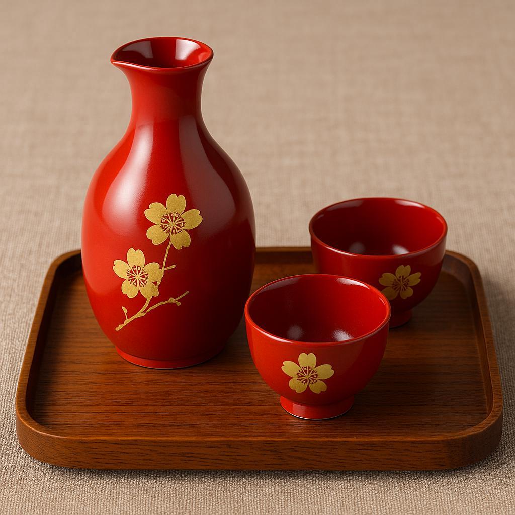 朱塗り桜蒔絵酒器三点セット