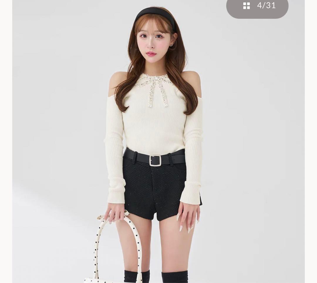 darich ダーリッチ 　リボンビジューアメスリニットトップス