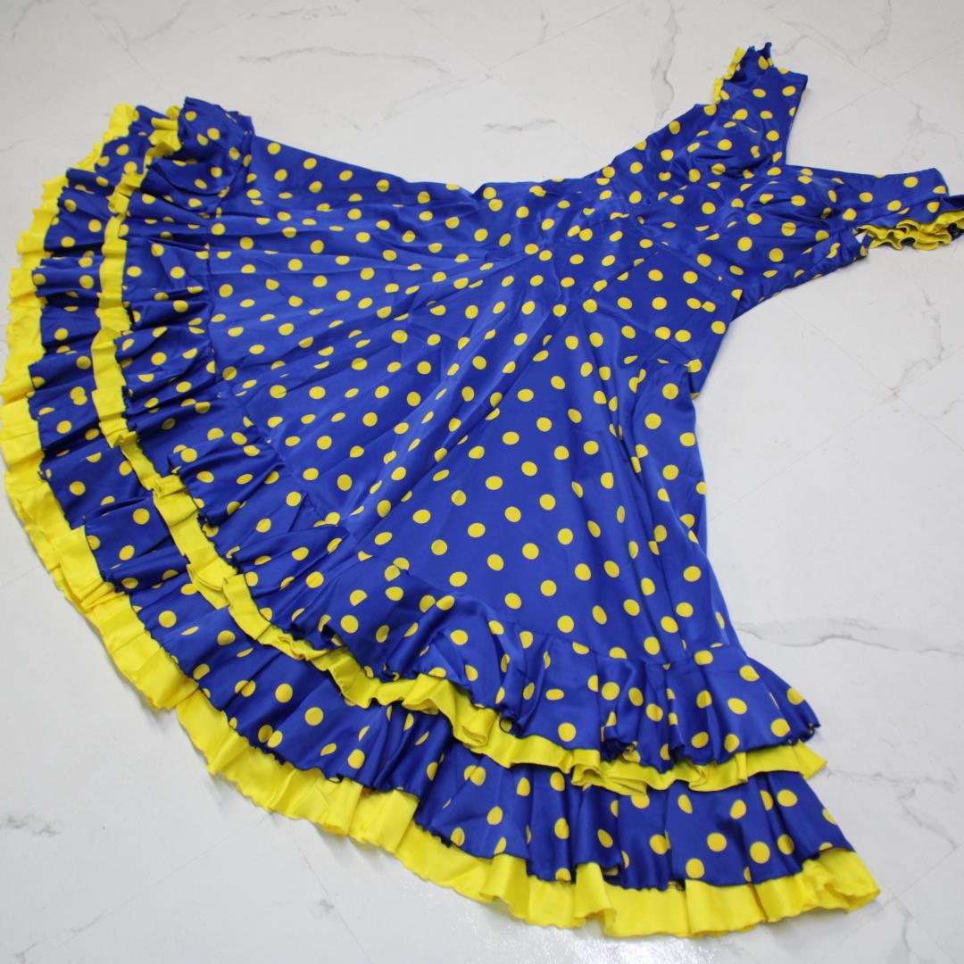 【フラメンコ衣装】ブルー×豪華ボランテ 上下セット ツーピース セットアップ 青