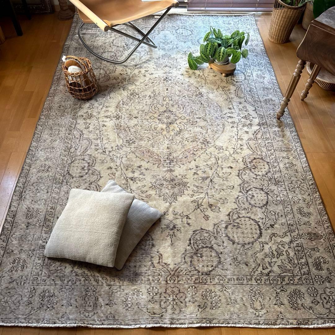 超大判168×263ナチュラルクリームブラウン　メダリオントルコヴィンテージラグ