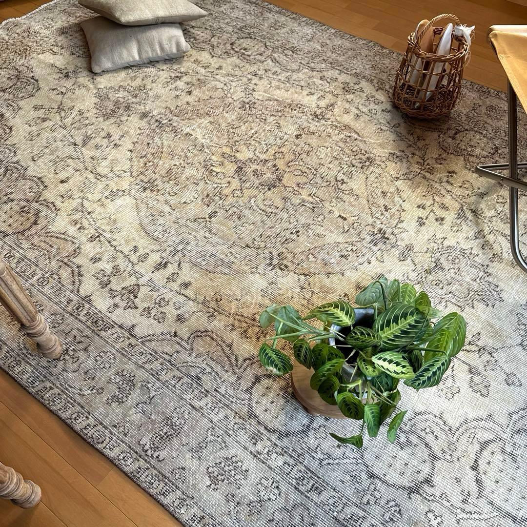 超大判168×263ナチュラルクリームブラウン　メダリオントルコヴィンテージラグ