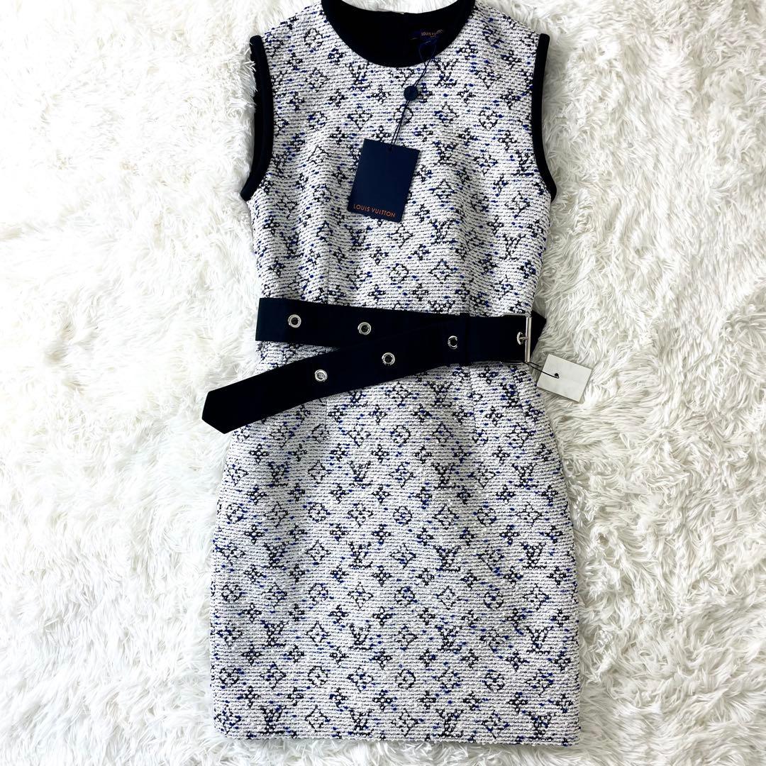 タグ付き　ルイヴィトン　ツイード　ワンピース　ノースリーブ　ウエストベルト