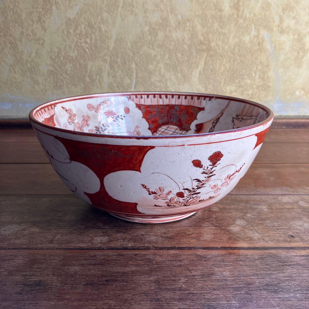 アンティーク 九谷焼 赤絵 特大 三ツ鉢 深鉢 細密赤絵 山水賢人図 骨董