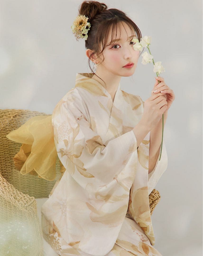 sugar 浴衣　水彩イエローフラワー浴衣　浴衣セット　兵児帯つき　4点セット