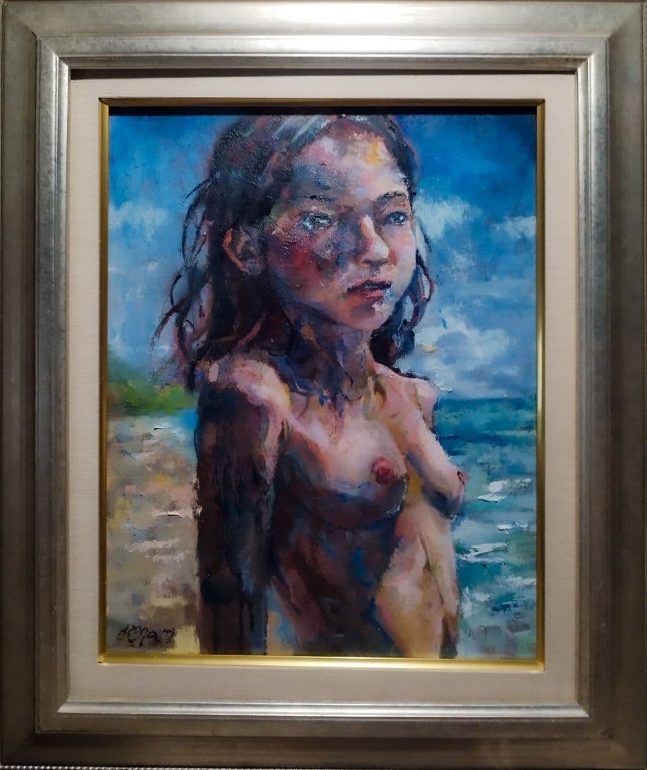 『磯辺の童女』 F6 額縁付き 油彩画 油絵 原画 一点物 巫女信仰 開運