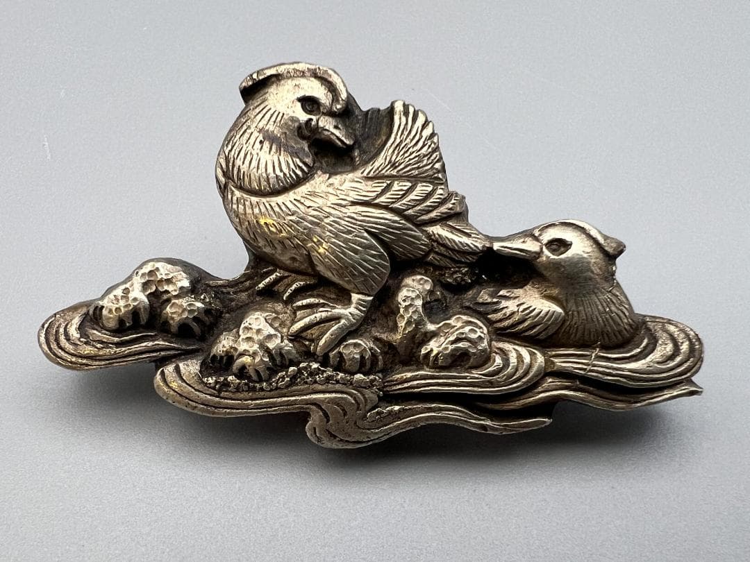 江戸明治金工　鴛鴦（おしどり） 雌雄　手彫　大目貫　大金具　骨董品