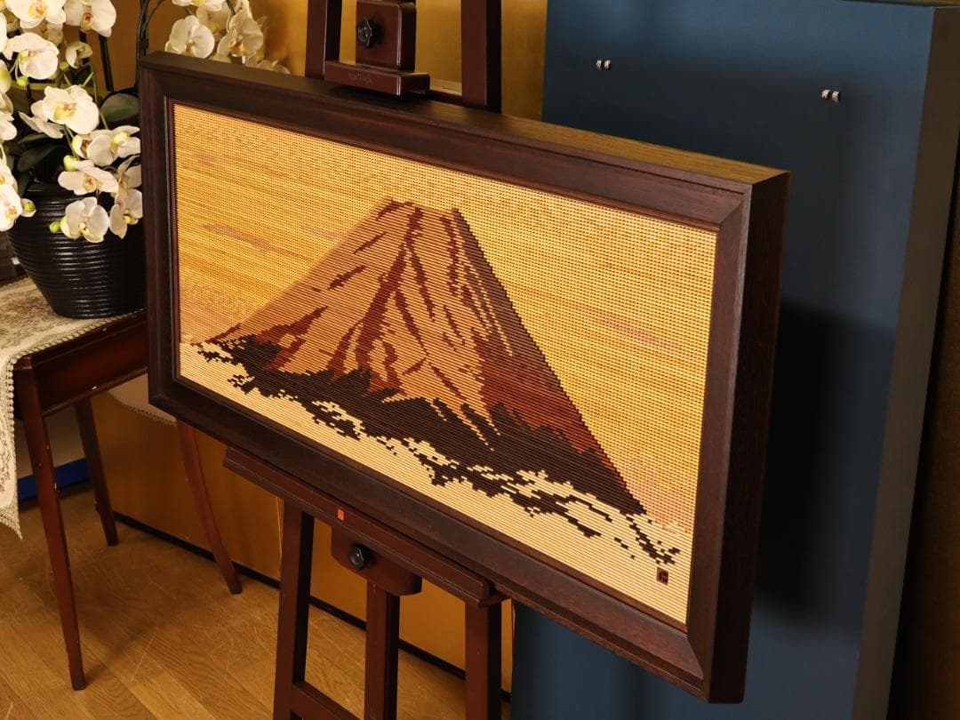 【真作】　BK277　塩澤正信 「 赤富士 」　組子工芸　希少木　黄布　タトウ