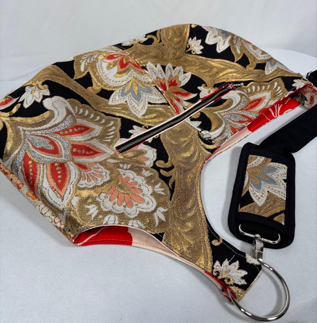 帯バッグリメイク　773番アシンメトリーBIGリバーシブル(肩あて飾り付き)