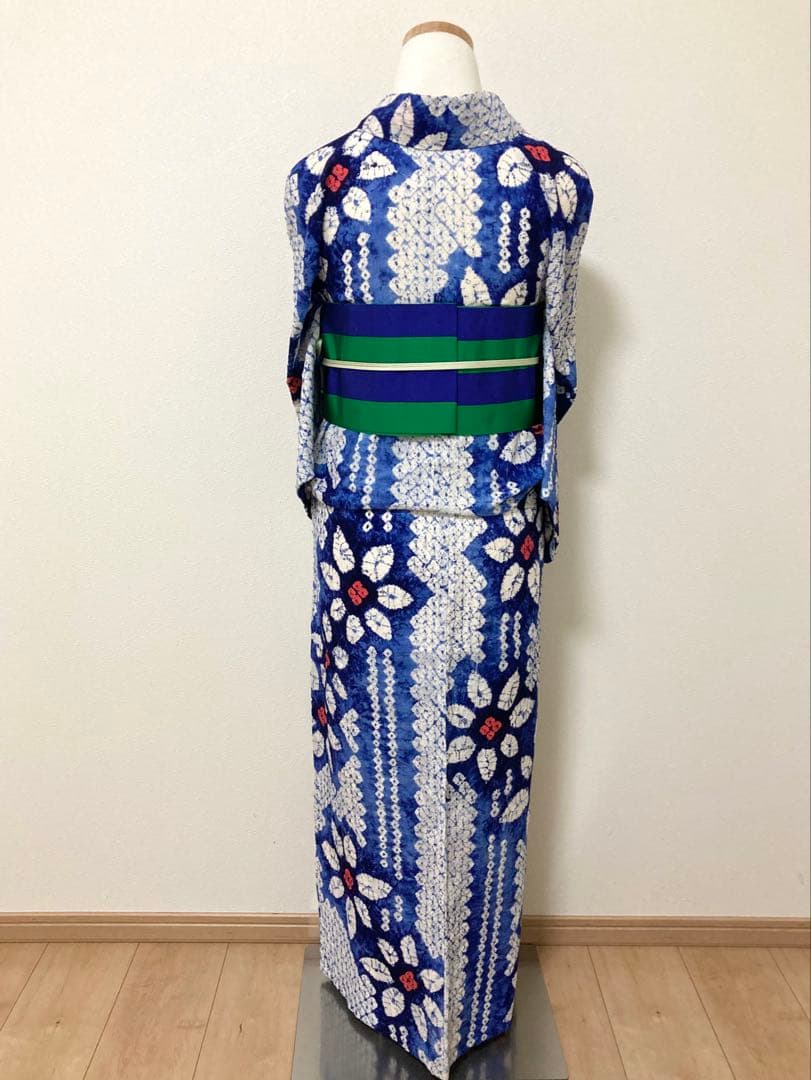 浴衣　有松鳴海絞り　縞と鉄線　裄68.5cm