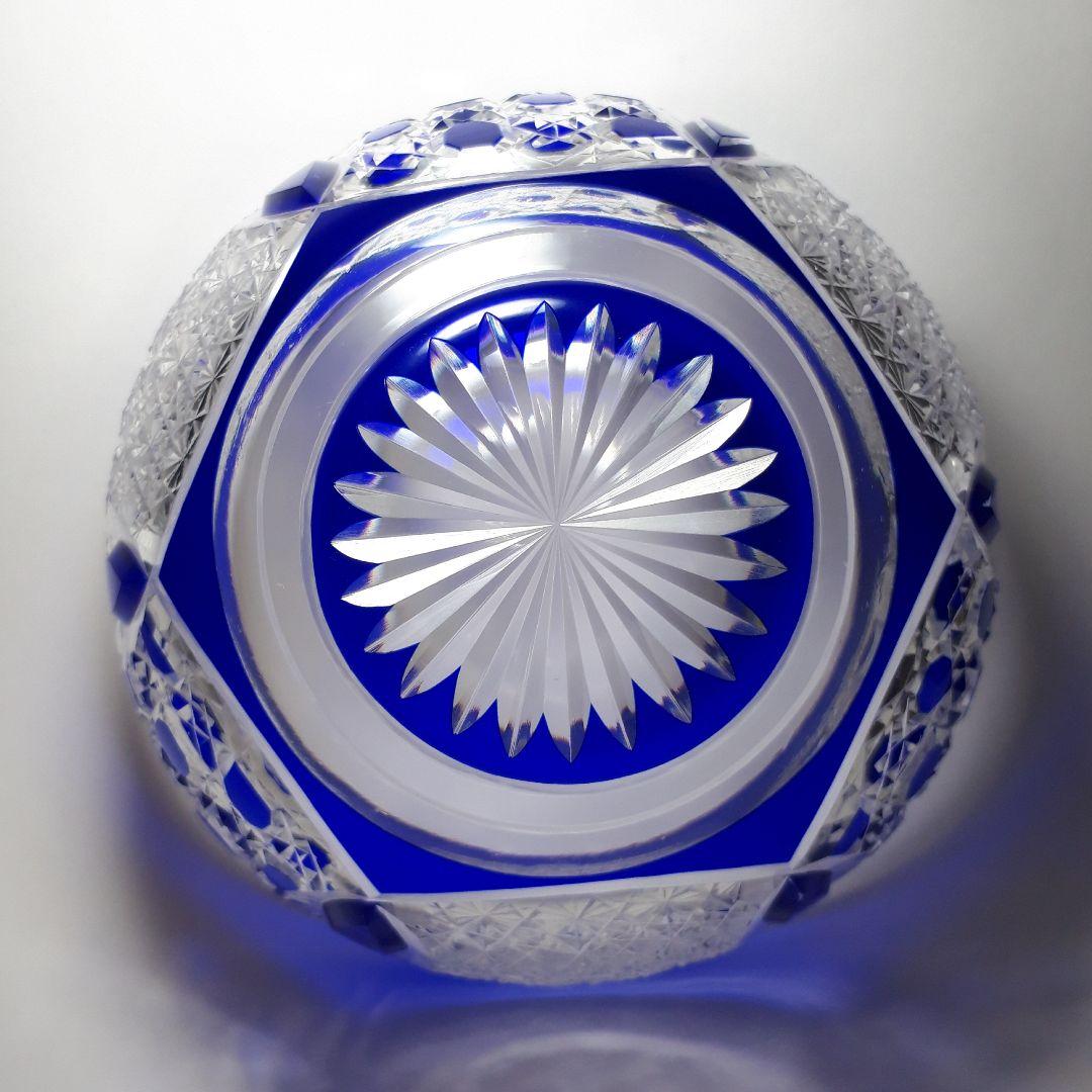 江戸切子　瑠璃色被せガラス　切子鉢　　　伝統工芸士 大友精三 作【美品 未使用】