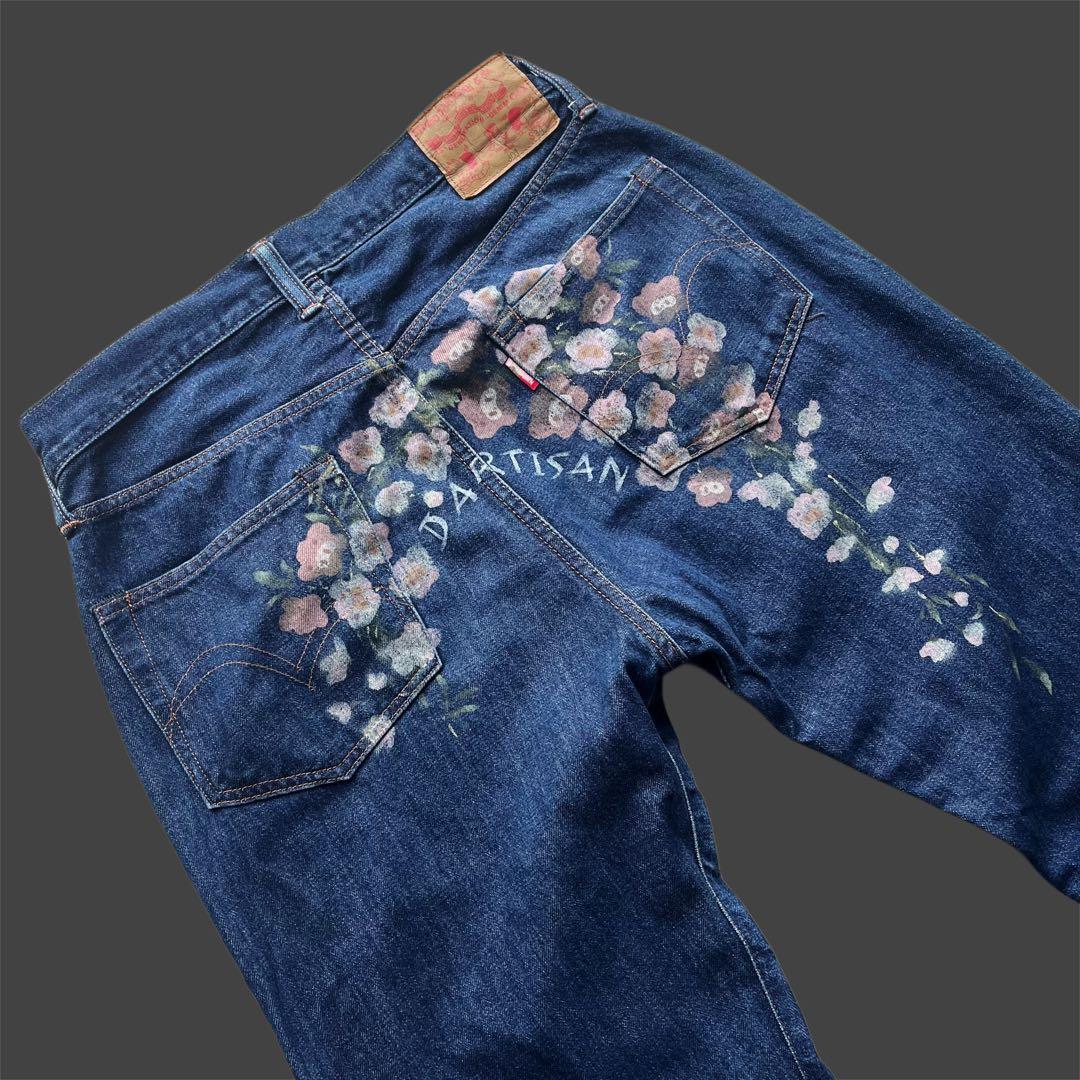 90s \"ダルチザン\" SD-301 極太 花柄ペイント デニムパンツ