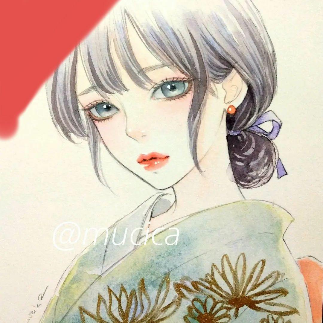 251130 手描きイラスト　絵画　オリジナル　アナログ　水彩画　美人画　和装