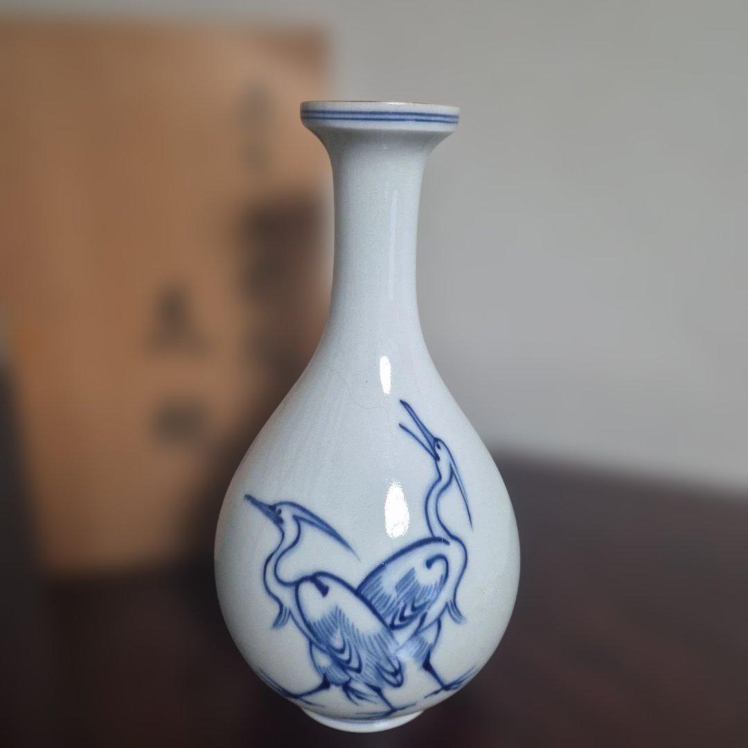 【十四代辻常陸】宮内庁御用達窯　染付三鷺文　花瓶　未使用