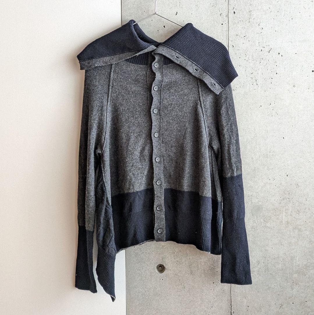 Y's アシンメトリー ウールニットカーディガン グレー×ネイビー