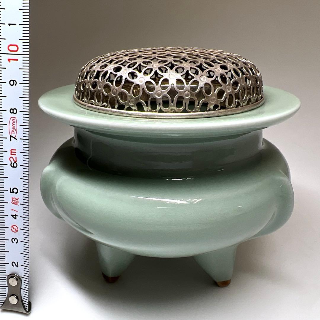 諏訪蘇山　銀火屋40g 青磁香炉　二重箱共箱　東Y8-0210☆2Fトニヒ