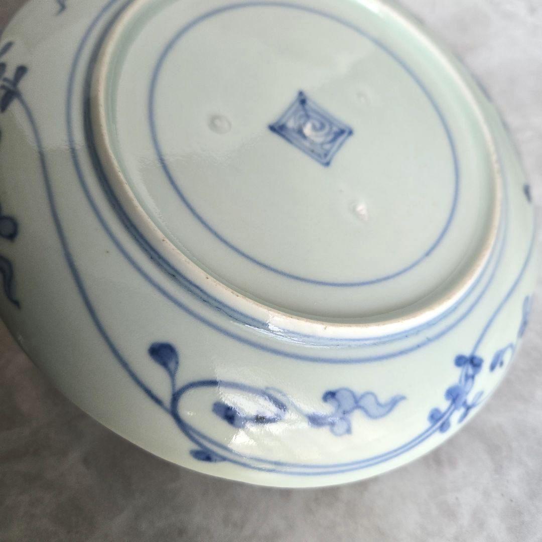 古伊万里　染付　古印判　六寸皿　江戸時代　型紙摺印判　金直し　金継ぎ　骨董