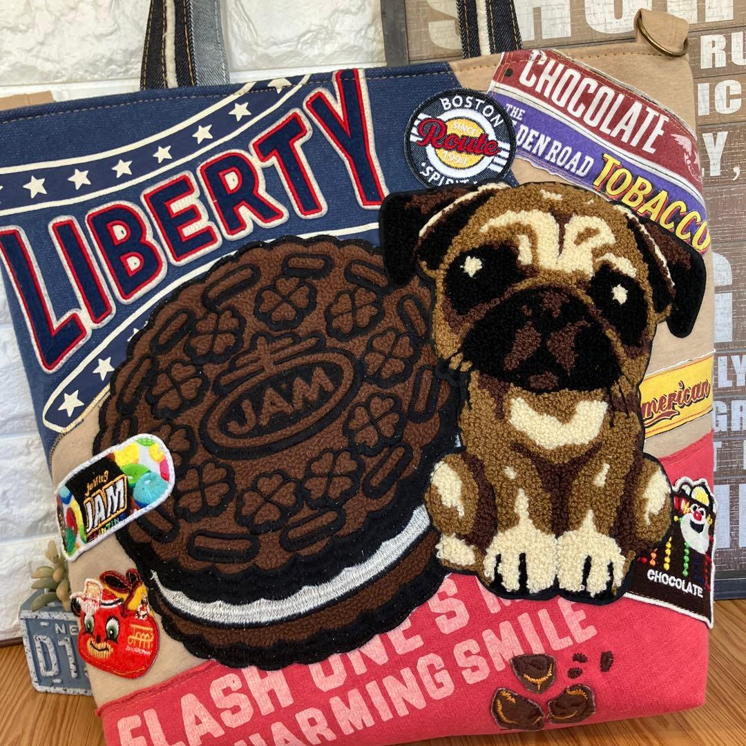 専用です。ハンドメイドバックデニムリメイクパッチワーククッキー＆パグちゃんトート